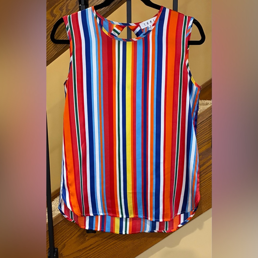 THML Multi Strip Blouse Tie In Back Detail Sleeveless Multi Color SZ. Small